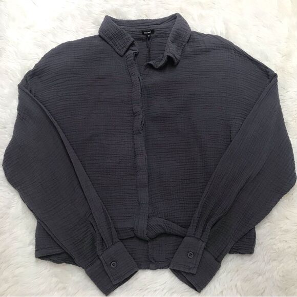 MONROW Gray Relaxed Gauze Button Down Shirt Long Sleeve Twist Front Size XS New - Picture 2 of 13